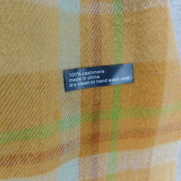 Cashmere 100%  Plaid Scarf Fringe with tones of Yellow, Brown, Cream and Green - Picture 5 of 11